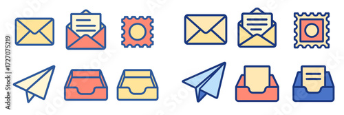 Colorful vector icons showing envelopes, letters, mail stamps, and paper airplanes for communication and mailing activities