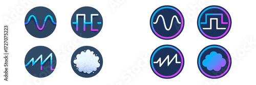 Colorful graphical icons representing sound waves and design elements in modern digital style