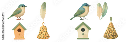 Colorful birds and birdhouses illustrated with natural elements in a serene, outdoor setting during daylight
