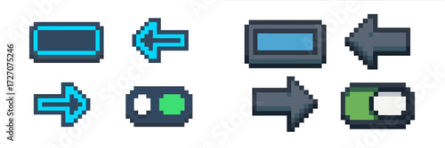 Colorful pixel art buttons featuring arrows and toggles in a simple digital design layout