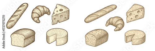 Assorted breads and cheeses arranged artfully on a simple background for a rustic culinary display