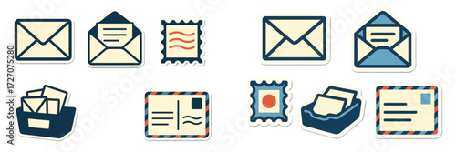 Colorful collection of mail icons including envelopes and postcards with stamps in a simple design