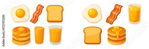 Colorful breakfast food illustration featuring eggs, bacon, toast, pancakes, and juice ideal for morning meal preparation