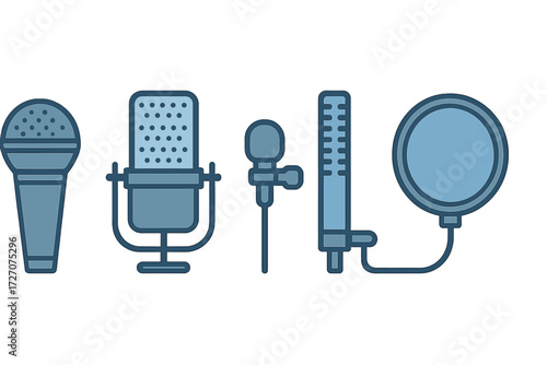 Collection of different microphones lined up in a row against a simple background