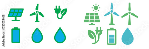 Icons representing renewable energy sources and sustainability concepts for eco-friendly lifestyle choices