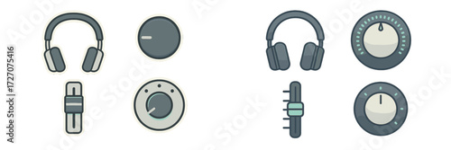 Illustration of various audio equipment components including headphones and knobs for music control