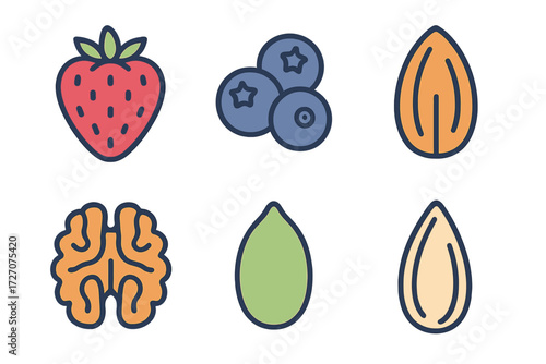 Colorful illustrations of healthy food items and brain icons representing nutrition and brain health