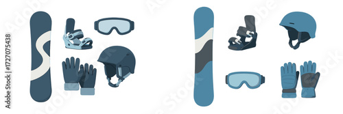Snowboard gear arranged neatly on a white background for winter sports enthusiasts and beginners