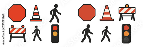 Various traffic signs and symbols used for pedestrian and vehicle guidance in urban environments