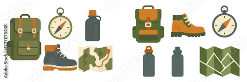 Essential hiking gear and tools for outdoor adventures with backpacks, boots, maps, and navigation equipment
