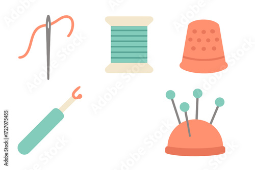 Essential sewing tools including a needle, thread spool, thimble, and pin cushion for crafting activities