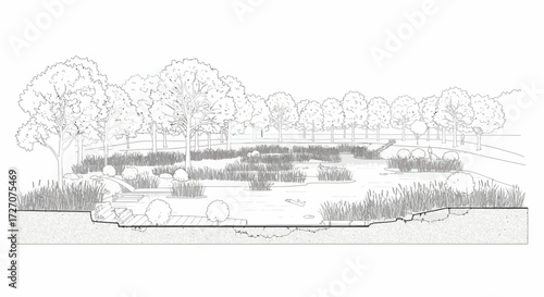 A black and white architectural drawing of a tranquil pond and forest landscape