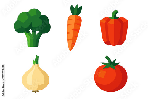 Fresh vegetables featuring broccoli, carrot, red bell pepper, onion, and tomato on a white background