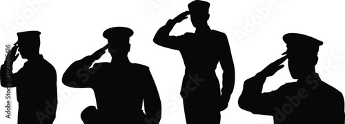Silhouette illustration of military officers saluting in uniform, army respect gesture, soldier honor tribute, armed forces ceremonial posture vector