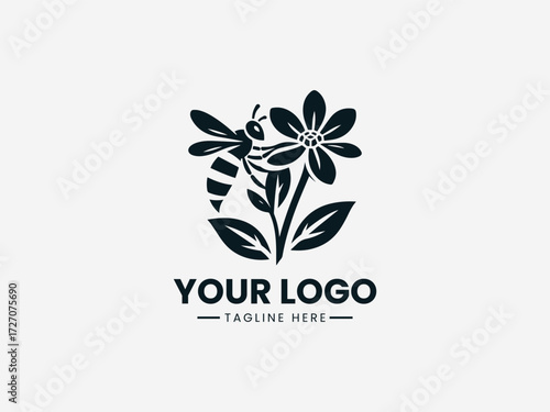 Elegant bee collecting nectar from detailed flower vector logo for organic garden brand identity