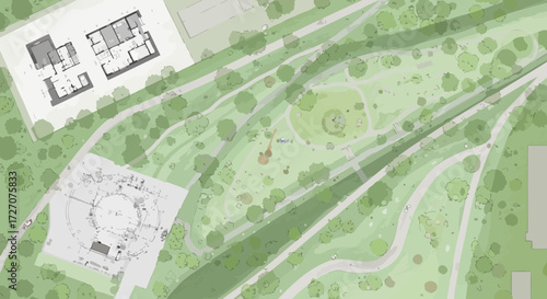 Architectural site plan showcasing green space and building designs in a park environment