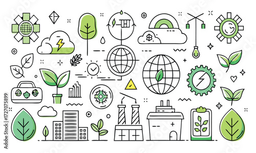 Lineart icons depicting ecological concepts such as recycling, wildlife, and nature, arranged in a cohesive set..eps