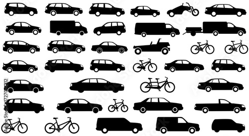 Assorted vehicle silhouette collection: cars, trucks, bikes, and more transportation options