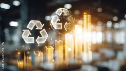 Conceptual illustration of recycling symbols with a globe and growth graphs representing sustainable development and environmental awareness
