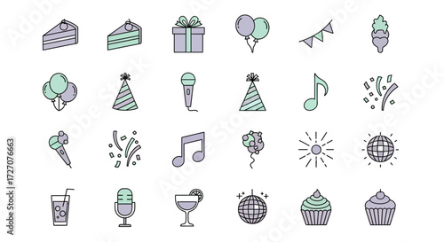 Collection of various party-themed icons, featuring cake slices, balloons, and other celebratory elements.