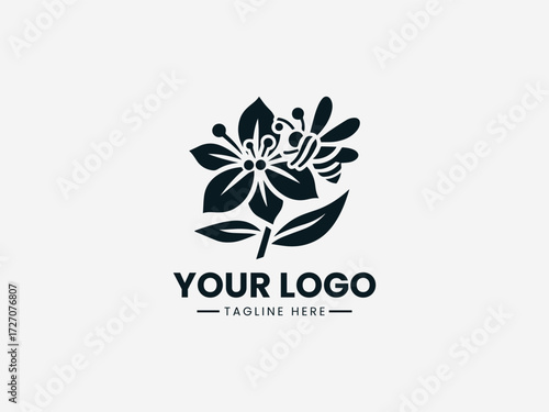 Elegant bee collecting nectar from detailed flower vector logo for organic garden brand identity