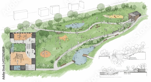 Detailed architectural rendering showcases an urban park design with playground facilities