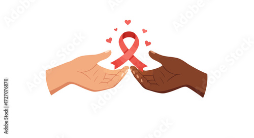Two hands holding a red ribbon, symbolizing support for a cause, possibly AIDS awareness.