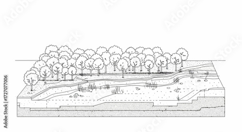 Detailed schematic drawing of a forest cross section, with soil layers and trees