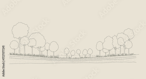 Elegant minimalistic illustration of a landscape with trees and land layers
