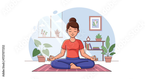Serene Inner Peace: A calm figure meditates peacefully on a mat within a tranquil room, surrounded by nature, symbolizing the harmony of mind, body, and spirit. 