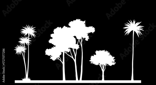 Elegant silhouette illustration showcasing a diverse collection of tree species
