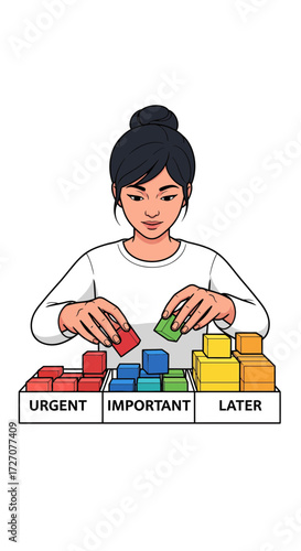 A professional woman strategically sorting tasks into urgent and important for time management