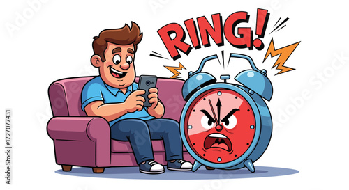 Man sits on sofa looking at phone as angry alarm clock rings loudly beside him