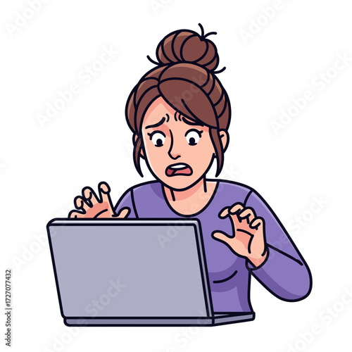 Scared woman looking at laptop with worried expression, graphic illustration for technology and online problems