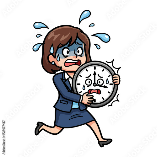 Overwhelmed businesswoman frantically running, battling the clock against immense workplace pressure and deadlines
