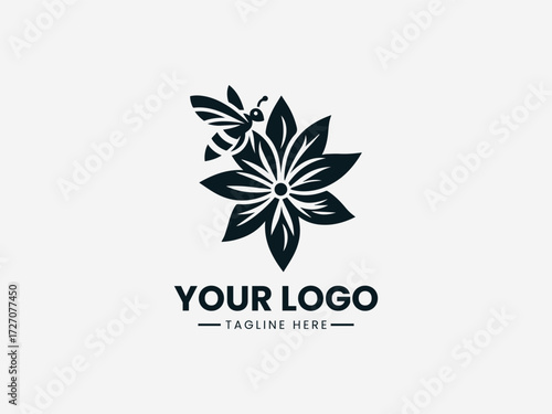 Elegant bee collecting nectar from detailed flower vector logo for organic garden brand identity