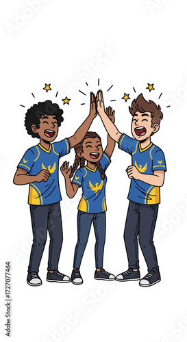 Teamwork Celebrates Three Young Adults High-Fiving, Displaying Unity and Success