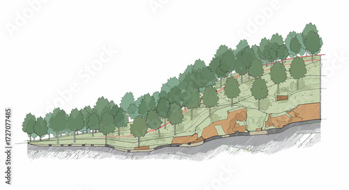Illustrated cross-section of a hillside with trees, benches, and exposed rock layers