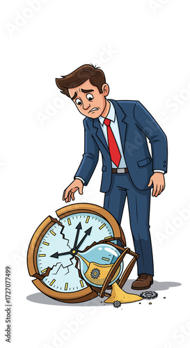 Business failure concept with a frustrated manager and shattered timepieces on a white background
