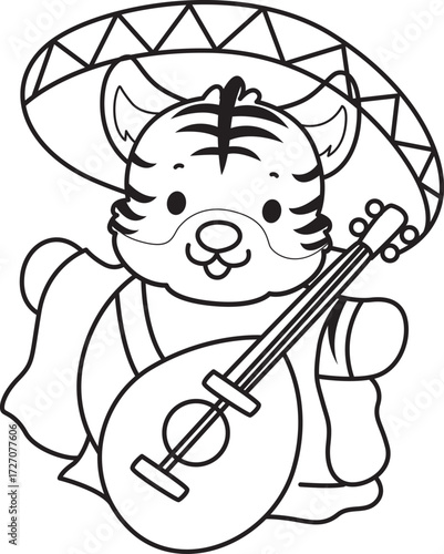 Coloring book of cute tiger character vector clip art for children.  