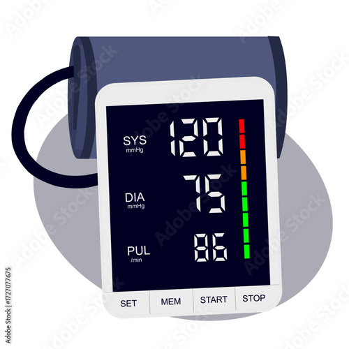 Electronic arterial blood pressure monitor. Medical equipment for diagnose hypertension, heart disease. Hypertension digital tonometer. Vector illustration