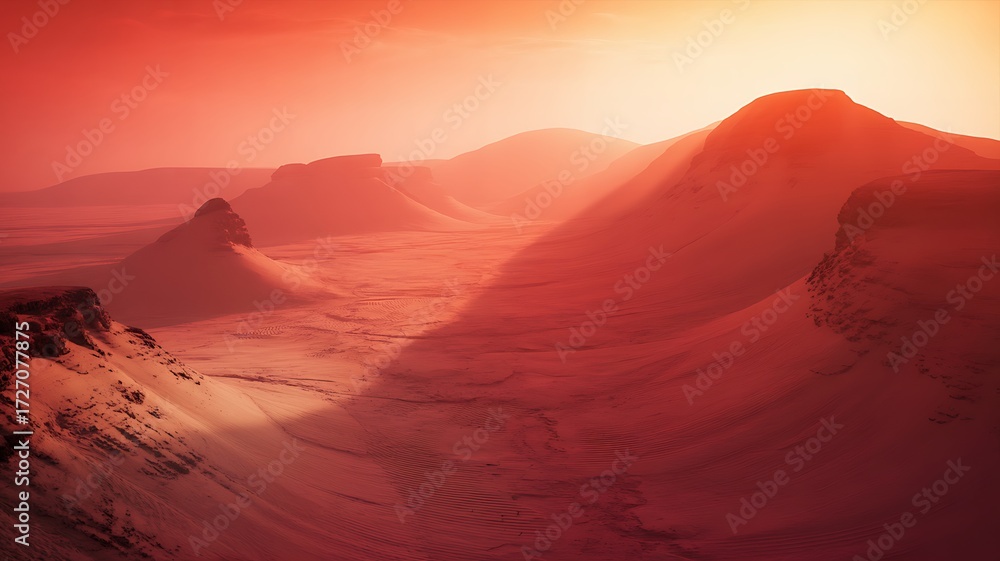 Naklejka premium Ethereal desert landscape with red sand dunes and a warm, hazy sunset glow image photo