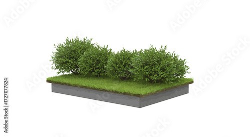 Isolated display of realistic bushes and grass section on a concrete base