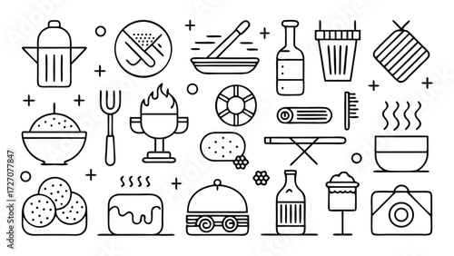 Free vector illustration of BBQ icons, including grills, utensils, and food, ideal for summer cooking themes..eps