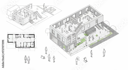 Isometric architectural drawing of a modern two-story house with surrounding plans