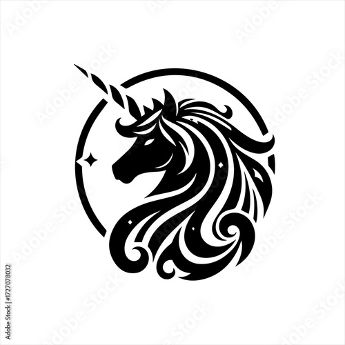Stylized black unicorn head silhouette with flowing mane and stars