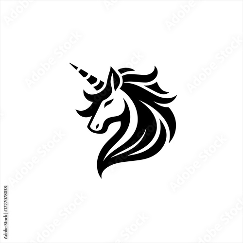 Stylized black unicorn head logo on a white background