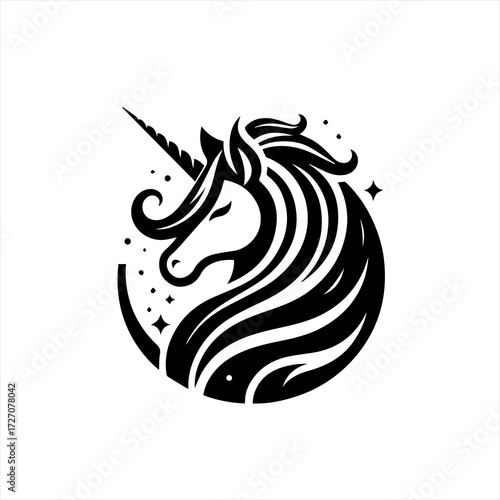 Elegant black unicorn head logo with swirling mane and stars