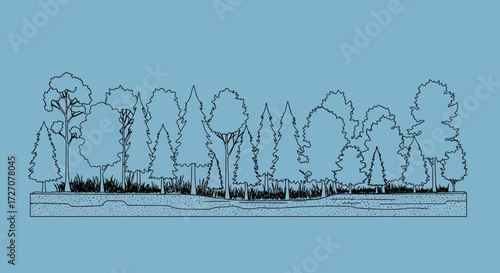 Minimalist forest illustration with various trees in black outline on blue background