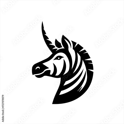 Stylized black and white zebra unicorn head logo design
